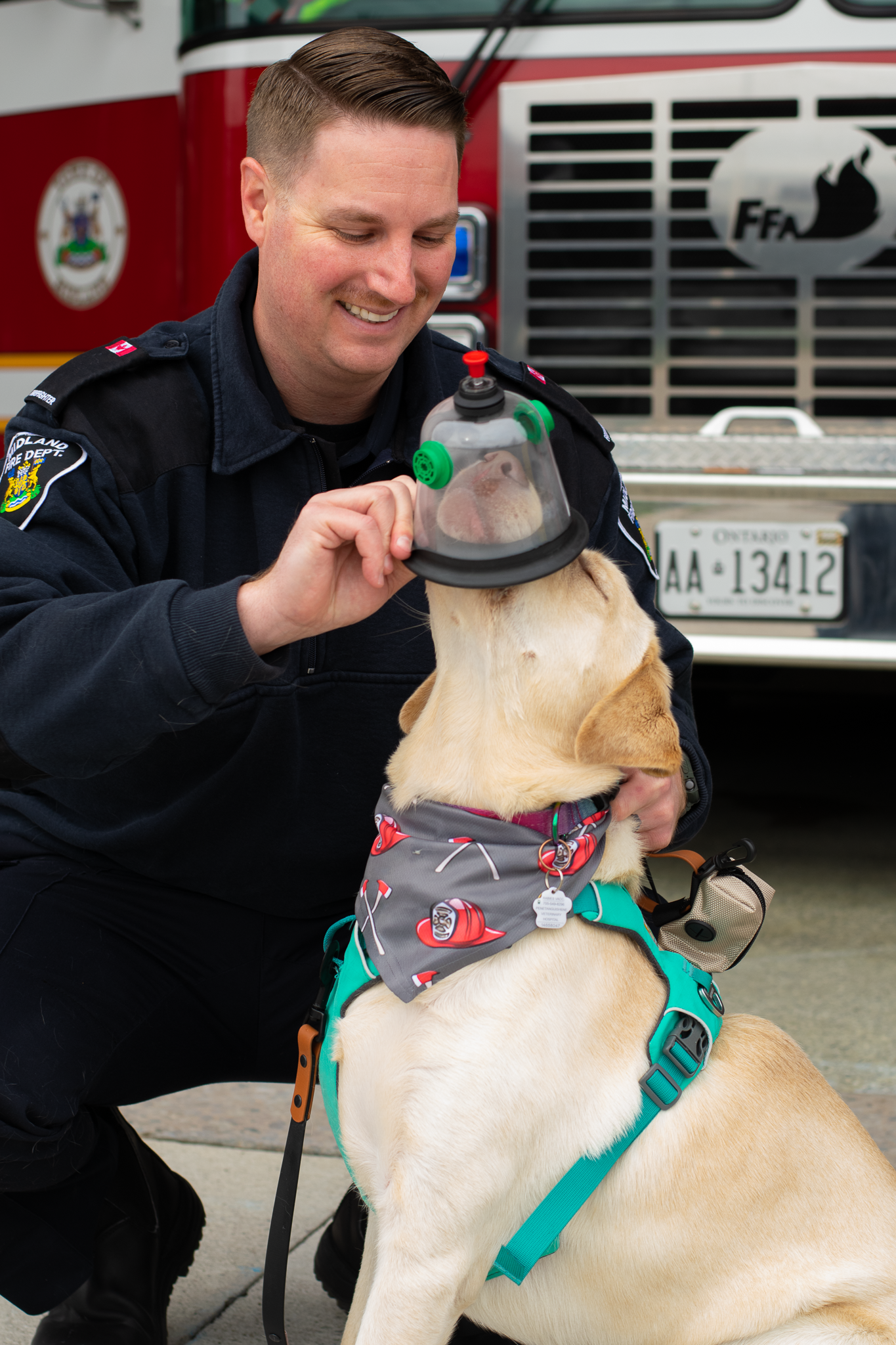 Dog with oxygen mask on and fire figther